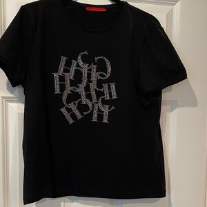 Carolina Herrera Black Short Sleeve Tee with Rhinestone Logo